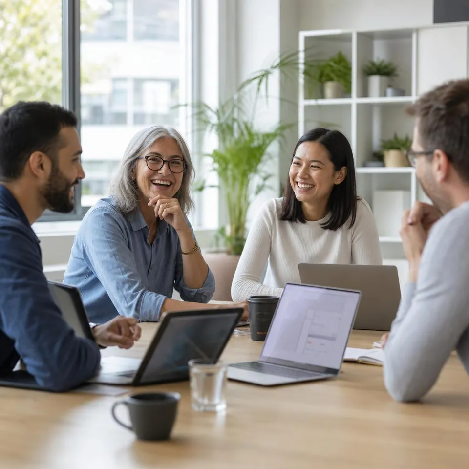 Four colleagues laughing together around a meeting table