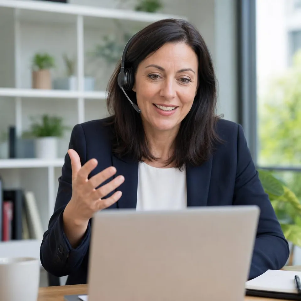 A support consultant on a headset call, explaining a fix at her laptop