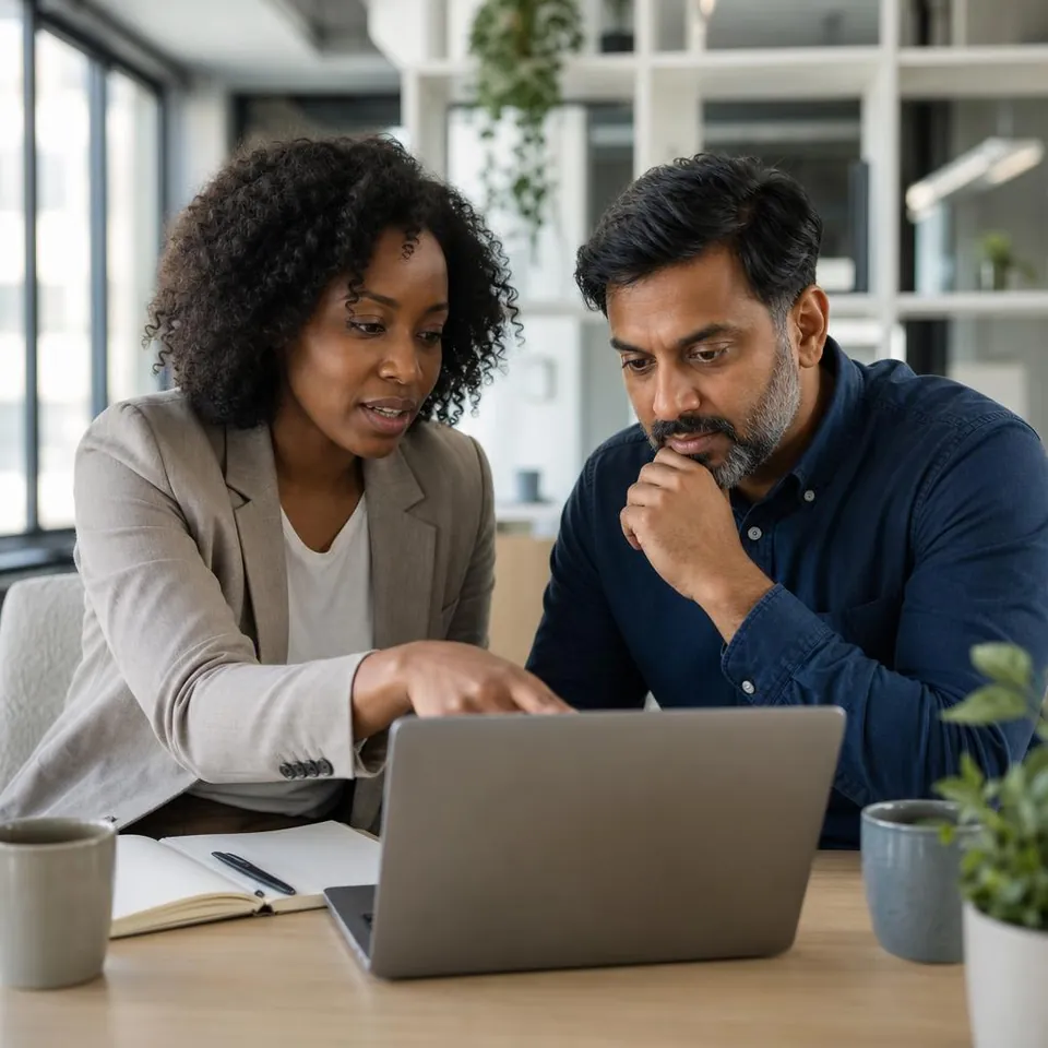 Two colleagues working through a problem together at a laptop