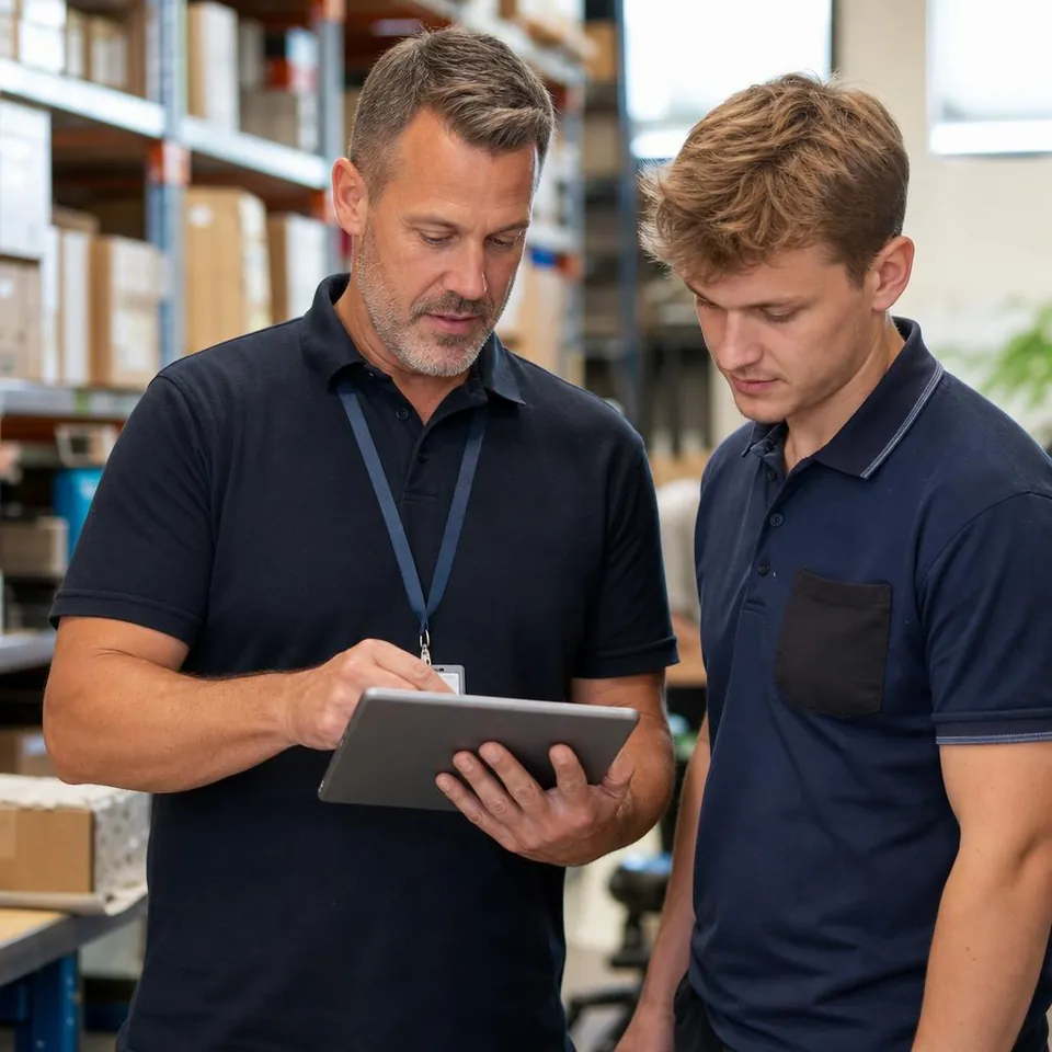 A store manager and a shift supervisor checking the week’s rota on a tablet